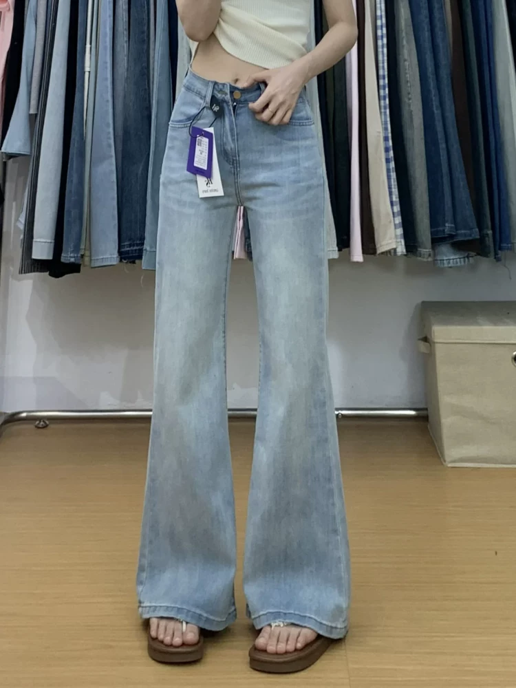 Quần jean nữ màu sáng, không bó sát, hơi loe, kiểu dáng mùa hè mỏng nhẹ, size lớn, cạp cao, rộng rãi, tôn dáng, quần dài loe chất liệu Tencel.