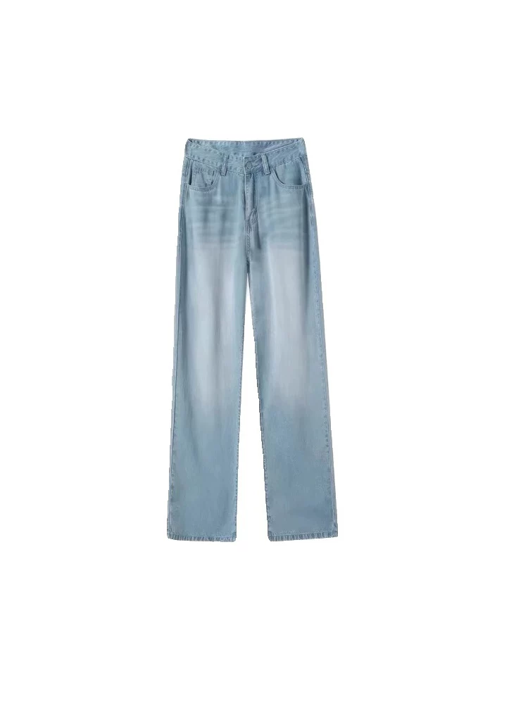 Quần jean Tencel màu xanh nhạt dành cho nữ, size lớn mùa hè, cạp cao, dáng suôn, tôn dáng, mát lạnh như lụa đá, quần ống rộng dáng thẳng