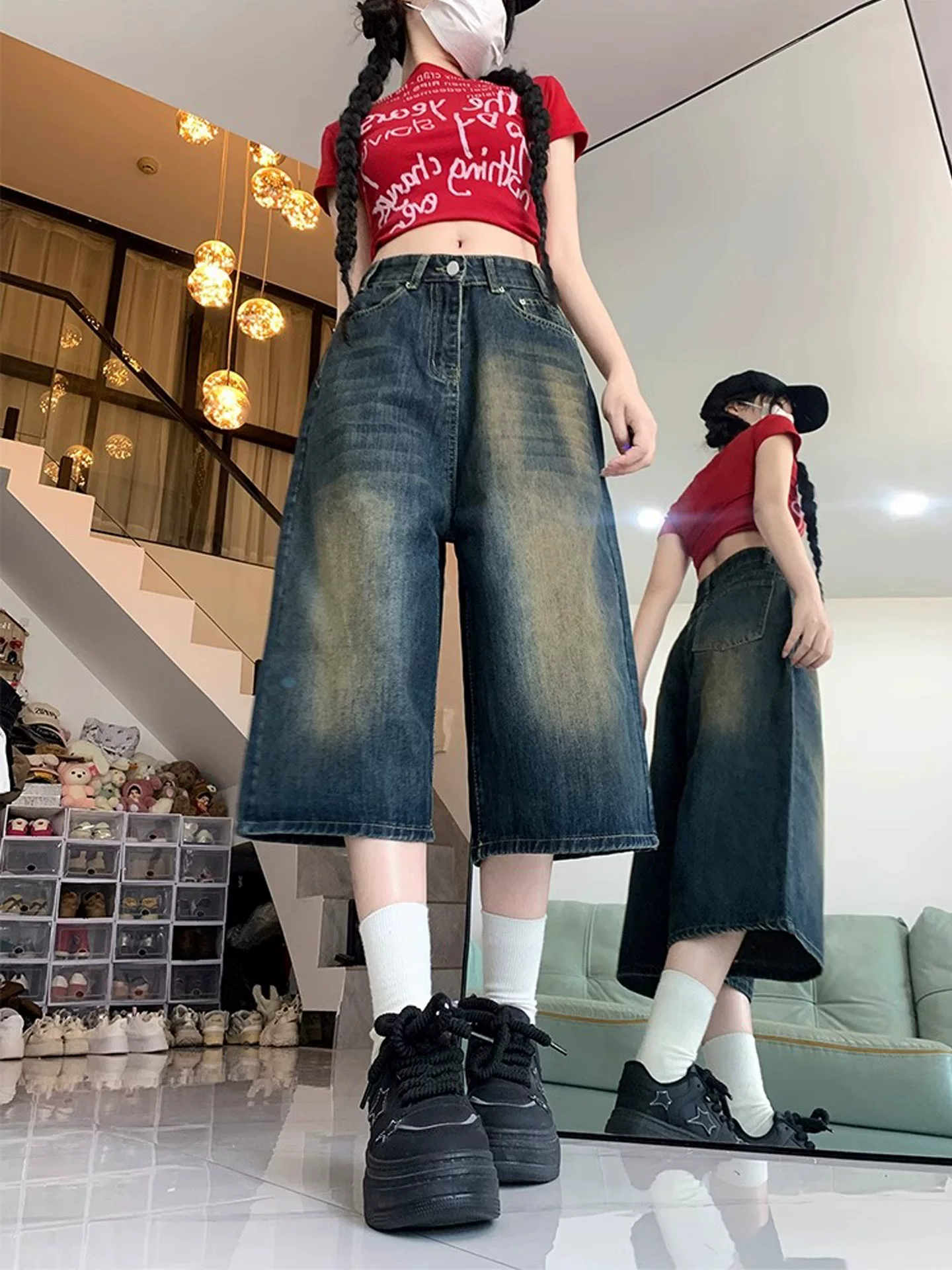 Quần jeans nữ vintage ống rộng, cạp cao, dáng rộng, tôn dáng, dành cho mùa hè 2025, size lớn, kiểu dáng dài ngang gối, dành cho người có thân hình quả lê