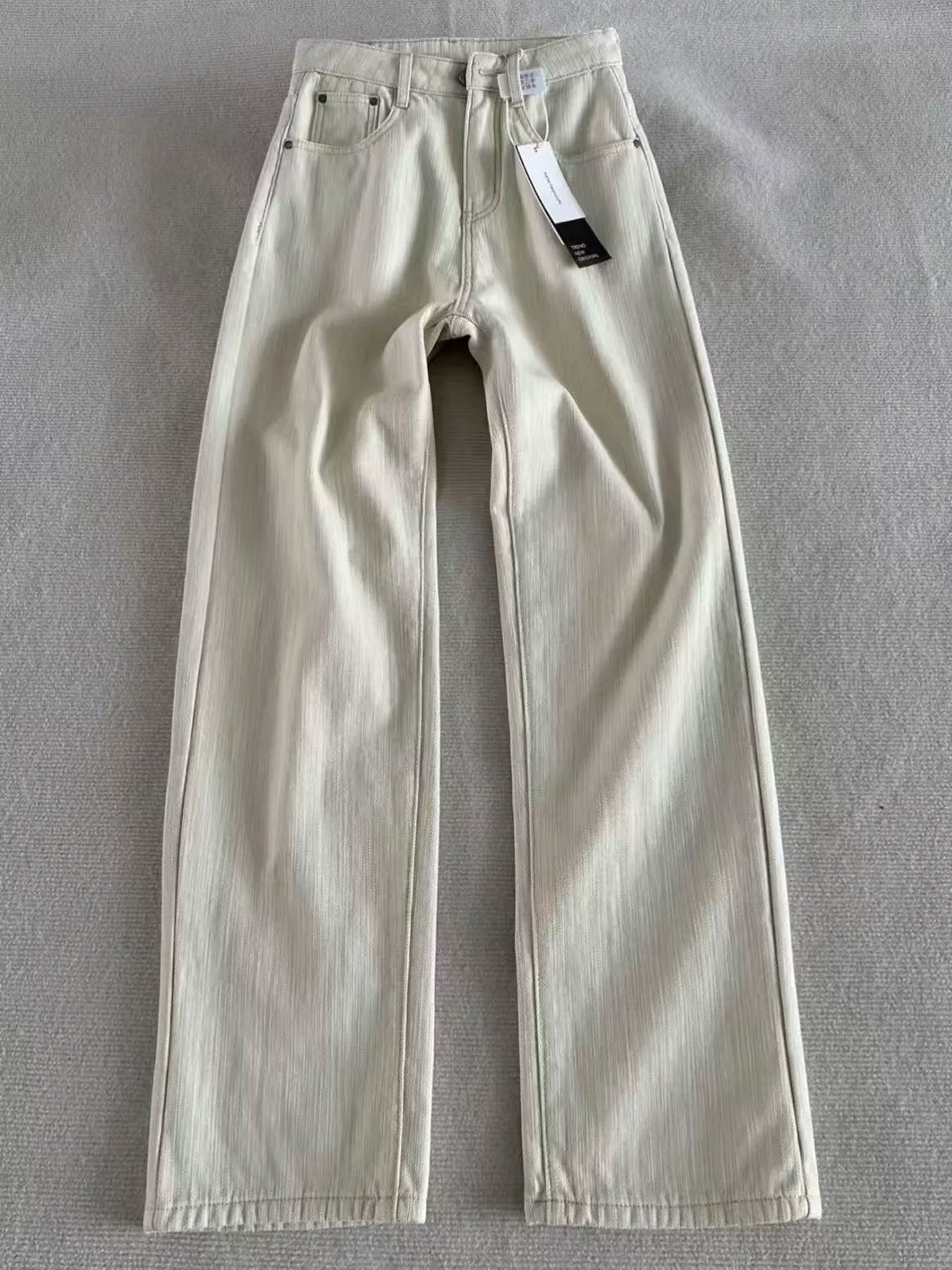 Quần jean ống đứng dày lót lông màu trắng nhạt dành cho nữ, mùa thu đông, cỡ lớn, lưng cao, dáng rộng, dáng quả lê, quần ống rộng