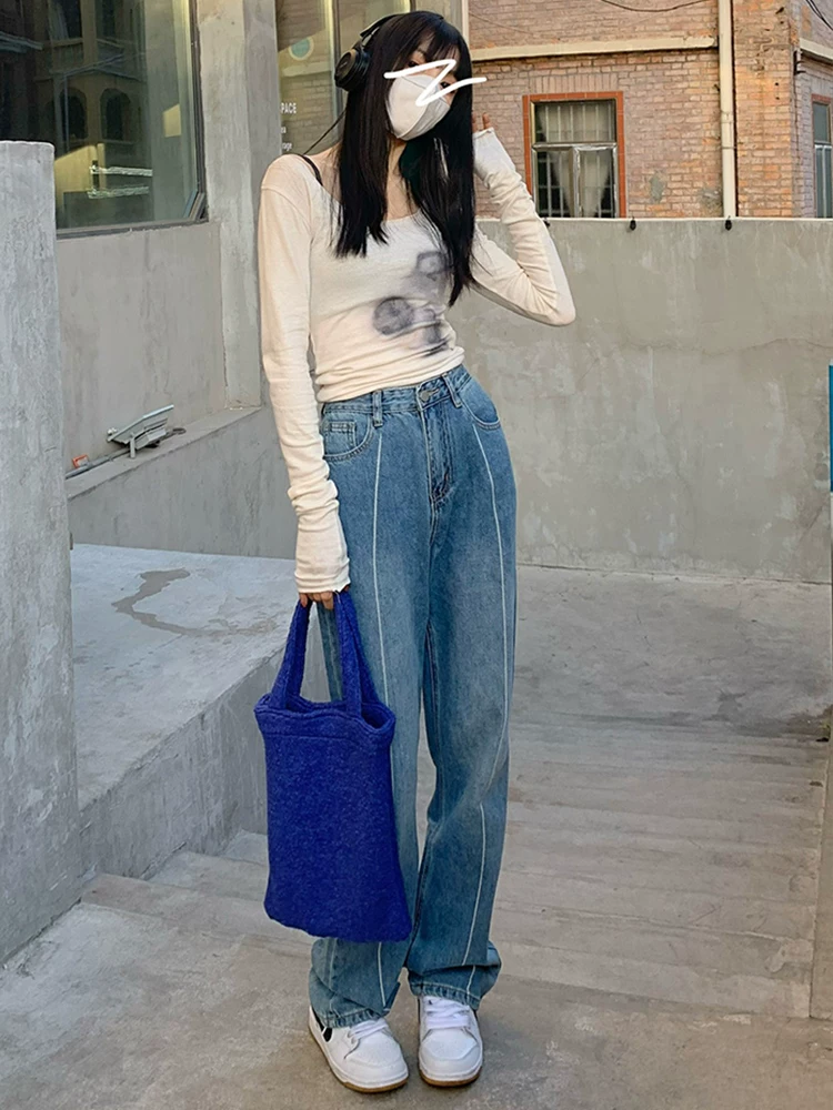 Quần jean nữ cỡ lớn mùa xuân 2022 phong cách Hàn Quốc thiết kế cỡ lớn có đường khâu quần ống rộng dài đến sàn giúp thon gọn eo cao