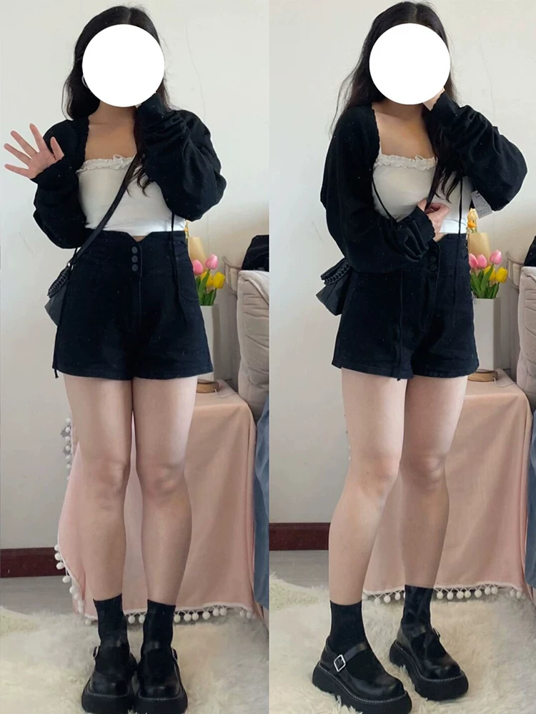 Quần short denim cạp cao che bụng cỡ lớn dành cho nữ, kiểu dáng mỏng mùa hè, dáng quả lê, co giãn, quần chữ A giảm béo