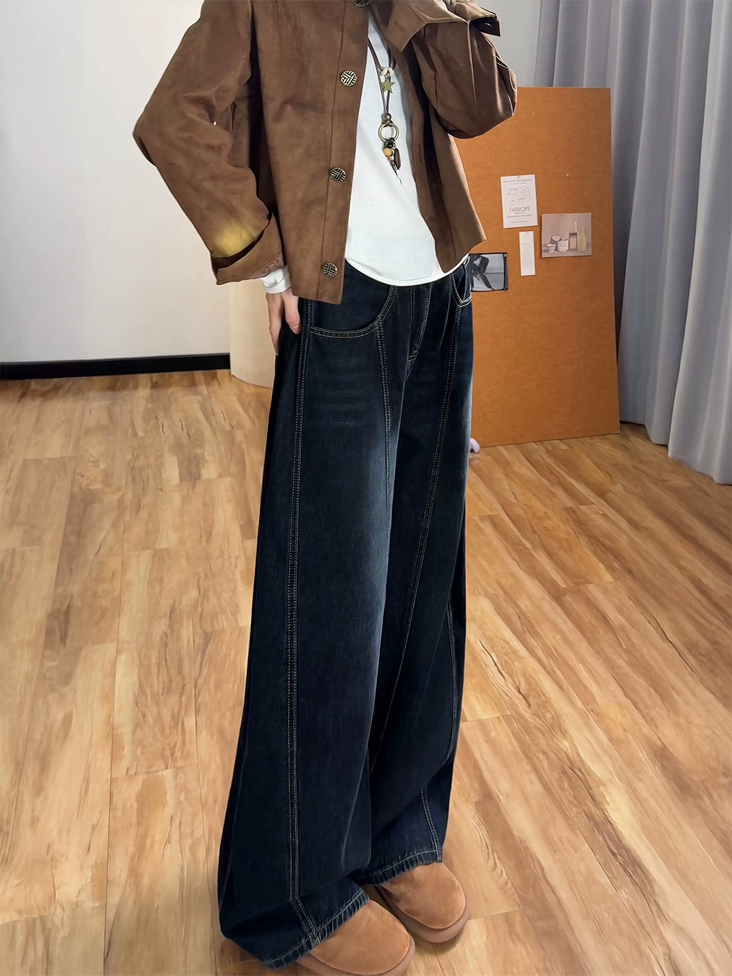 Quần jean thêu kiểu cổ điển Mỹ dành cho nữ, phong cách thu đông mới, cỡ lớn, lưng cao, dáng rộng, giảm béo, quần ống rộng