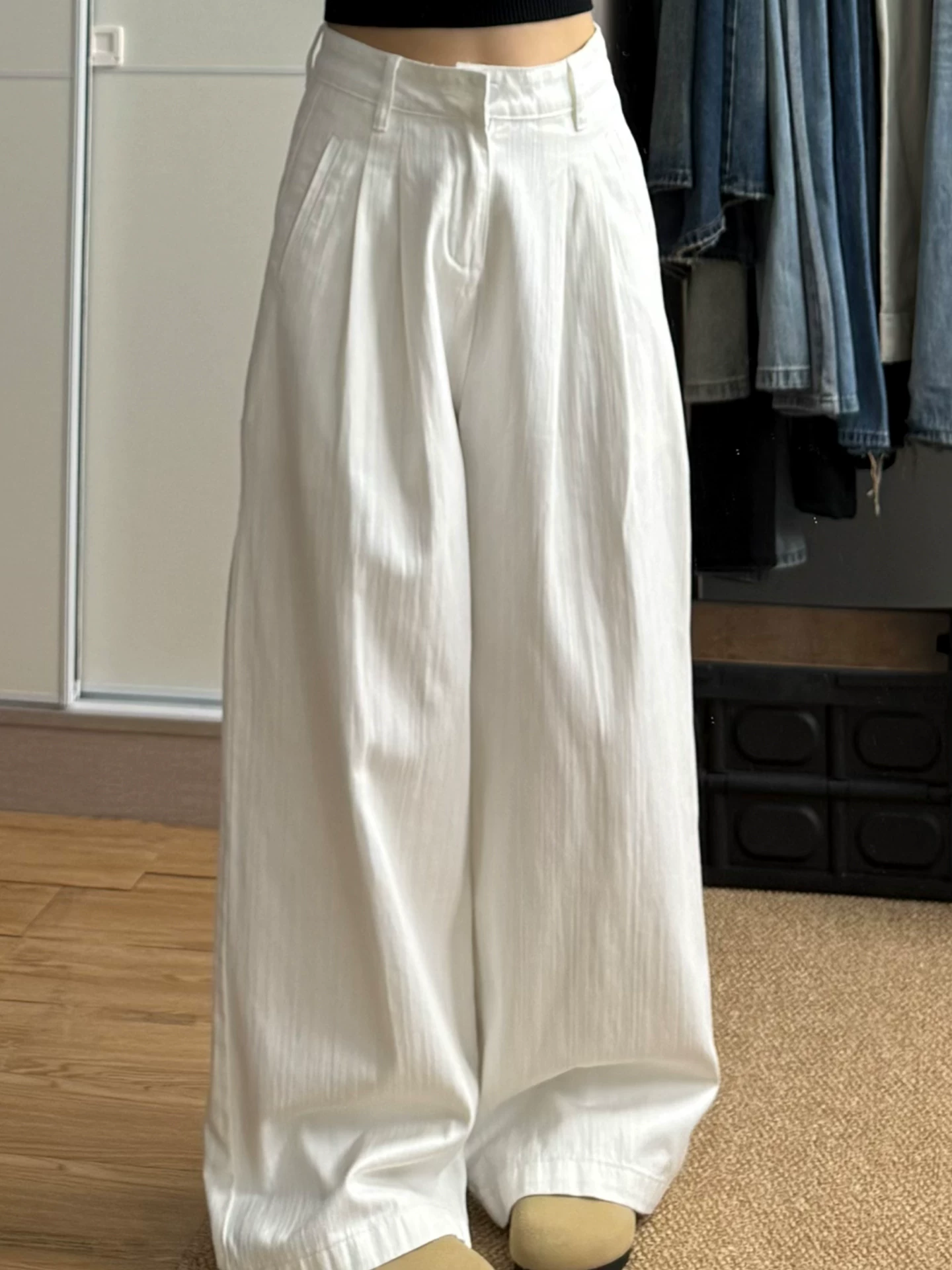 Quần jean ống rộng màu trắng cho nữ, phong cách mùa thu, cỡ lớn, lưng cao, dáng suôn, rộng rãi, tôn dáng, dáng quả lê, quần ống thẳng