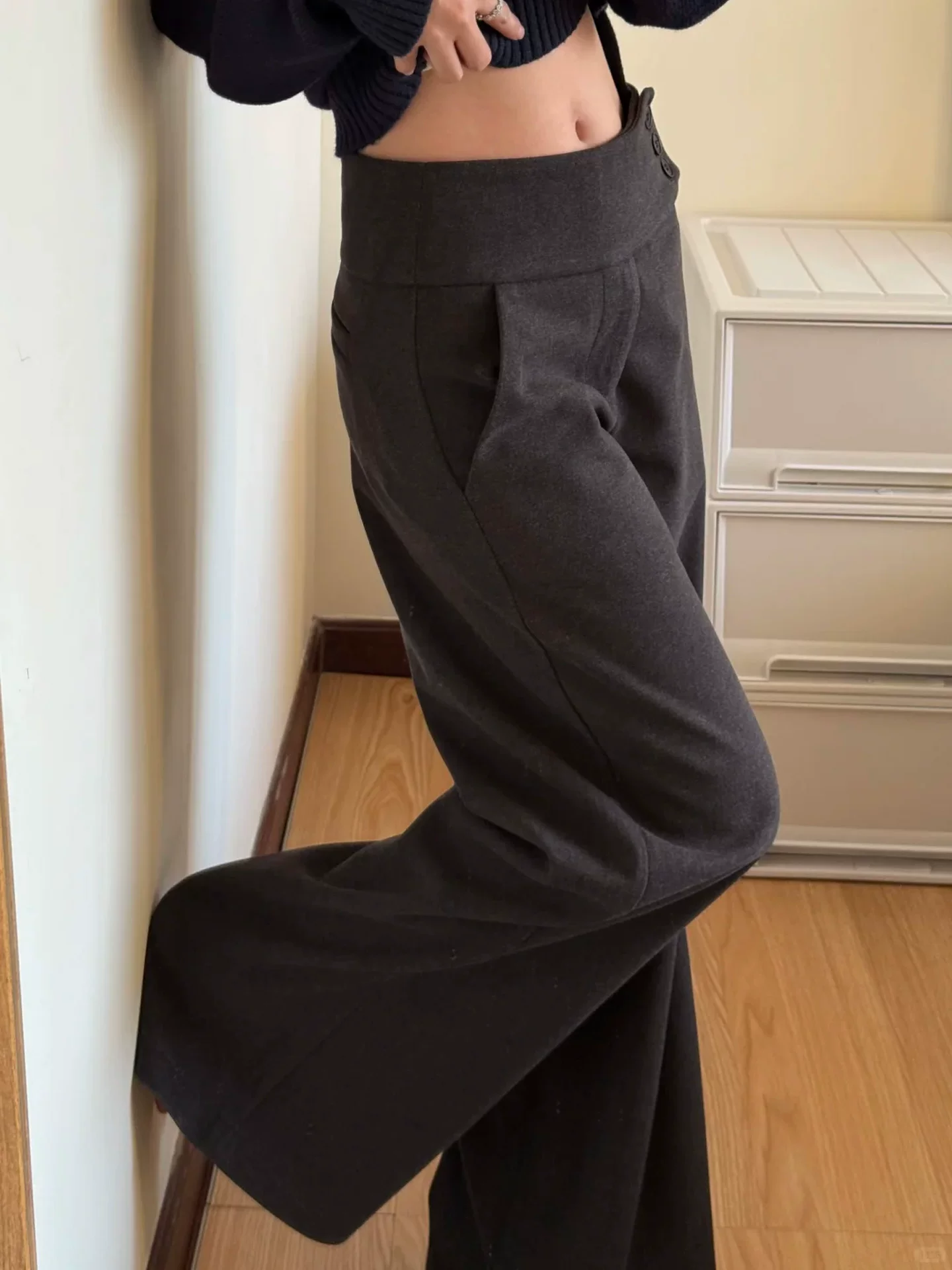 Quần âu len nữ, lót lông cừu mùa đông, dày dặn, cỡ lớn, lưng cao, dáng suôn, tôn dáng, dành cho người có dáng quả lê, quần ống rộng kiểu vest