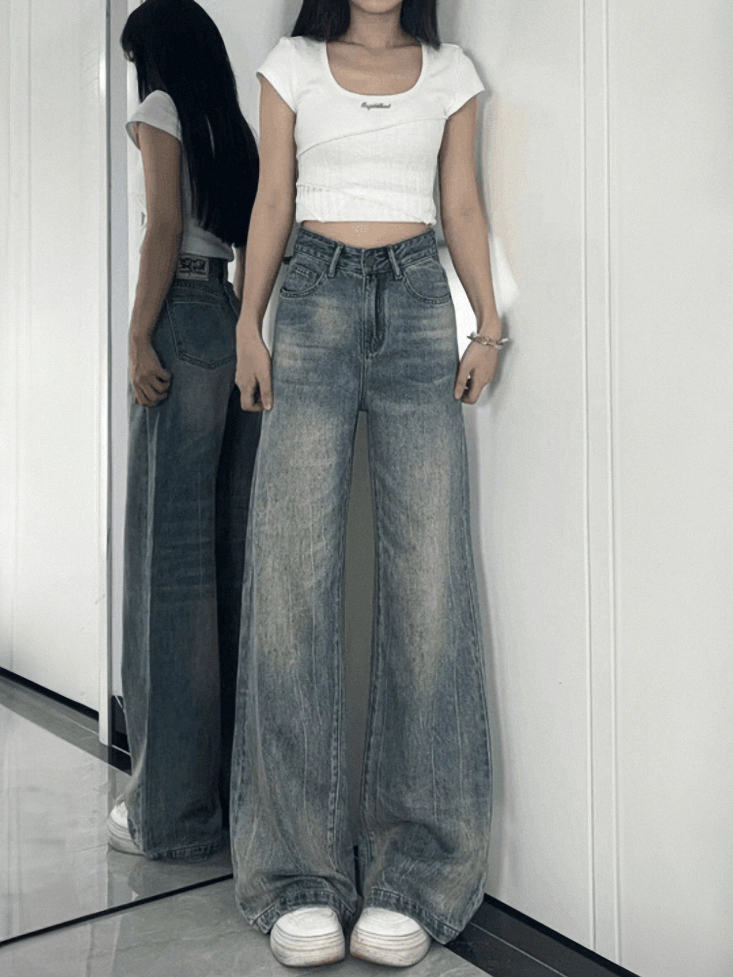 Quần jean ống thẳng kiểu Mỹ cổ điển dành cho nữ, phong cách mùa thu mới, cỡ lớn, lưng cao, dáng rộng, tôn dáng, phong cách lười biếng, quần ống rộng.