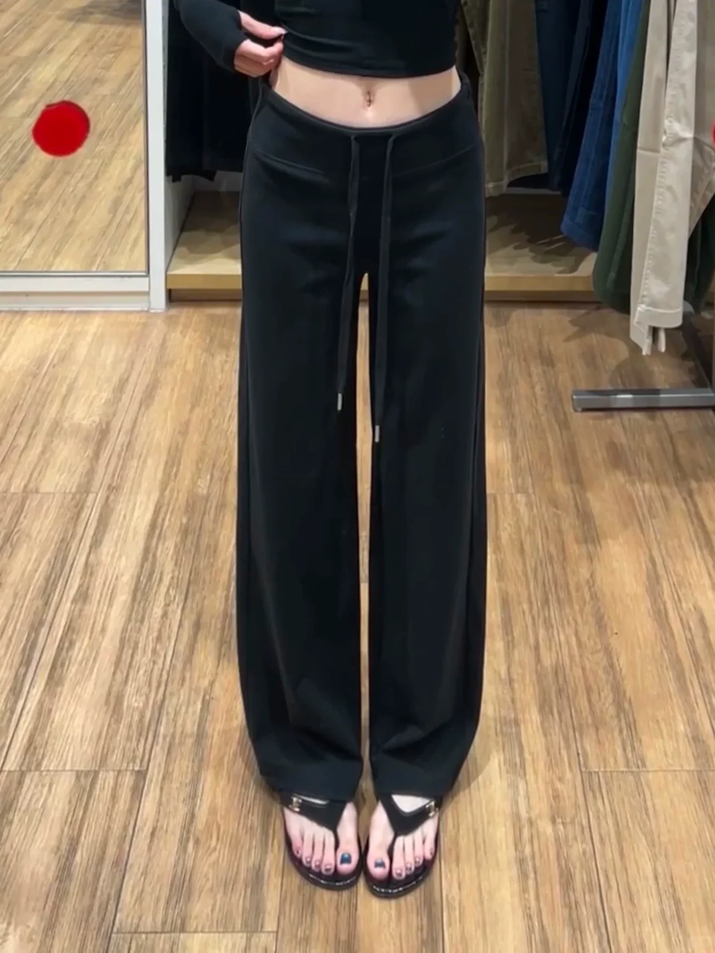 Quần âu lưng cao màu đen lười biếng dành cho nữ, mùa thu đông, cỡ lớn, lót lông cừu, dày, mềm mại, che hông, giảm béo, quần ống rộng