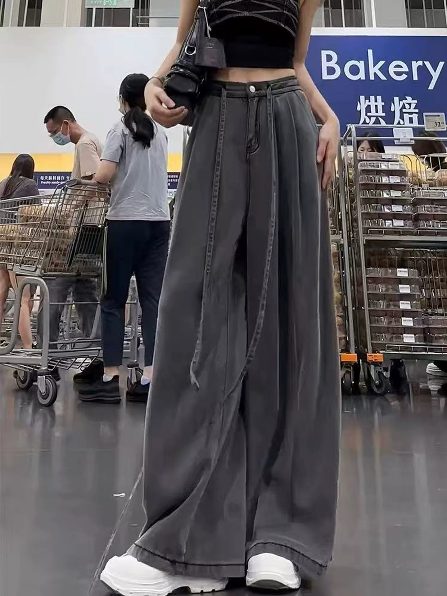 Quần jean ống rộng Tencel màu đen và xám dành cho nữ, kiểu dáng mỏng mùa hè, cỡ lớn, lưng cao, rộng rãi, mềm mại, tôn dáng, quần dài chạm sàn.