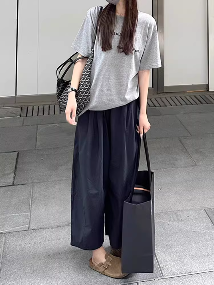 Quần đen thường ngày dành cho nữ, mùa hè, dáng nhỏ, cỡ lớn, lưng cao, dáng rộng, dáng thon gọn, quần Yamamoto ống rộng cắt ngắn