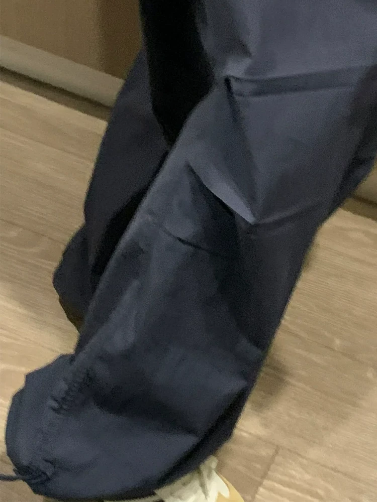 Quần cargo ống rộng màu xanh hải quân dành cho nữ, kiểu dáng mỏng mùa hè, cỡ lớn, lưng cao, giảm béo, dáng quả lê, quần thể thao thông thường