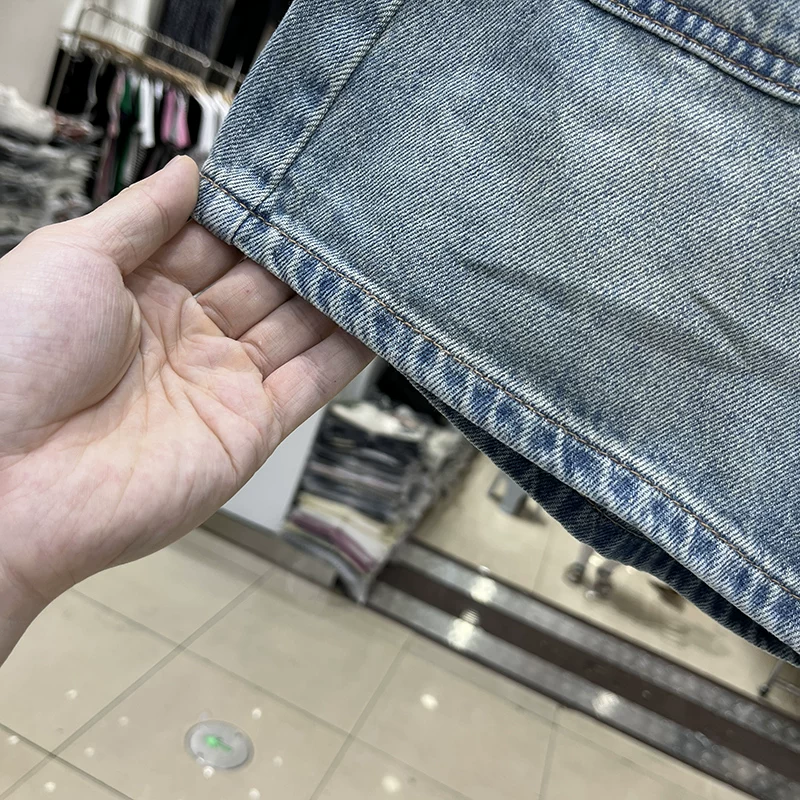 Quần short denim dáng chữ A dành cho nữ, kiểu dáng mỏng mùa hè, cỡ lớn, lưng cao, thon gọn, che hông, quần ống rộng.