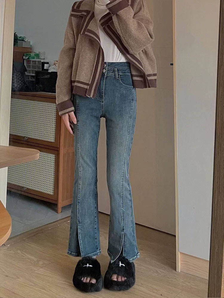 Quần jean xẻ tà hình quả lê dành cho nữ, phong cách đầu thu, cỡ lớn, lưng cao, giảm béo, co giãn, quần ống đứng.