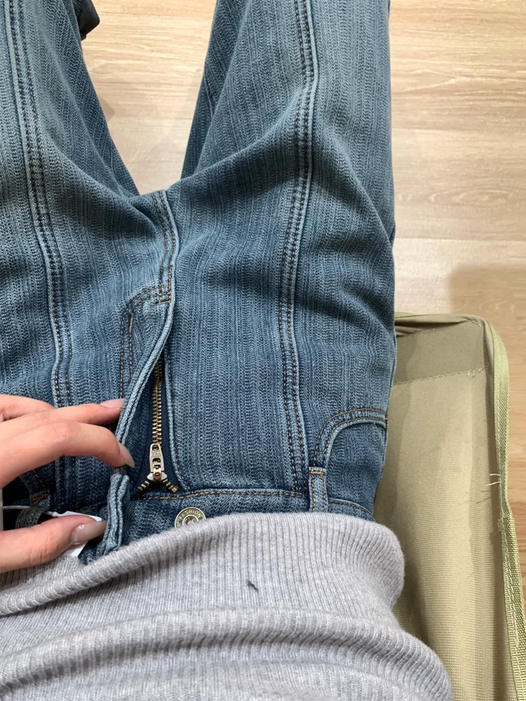 Quần jean ống rộng có họa tiết dày dặn lót lông cừu dành cho nữ, mùa thu đông, cỡ lớn, lưng cao, dáng rộng, dáng thon gọn, ống thẳng, quần dài đến sàn