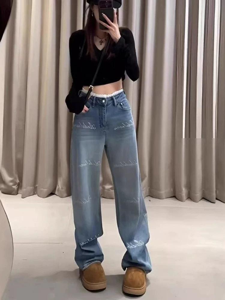 Quần jean ống đứng thêu chắp vá dành cho nữ, kiểu dáng mùa xuân mới, size lớn, cạp cao, che hông, quần ống rộng tôn dáng.