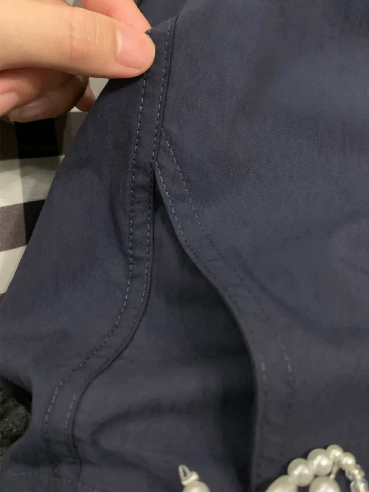 Quần cargo ống rộng màu xanh hải quân dành cho nữ, kiểu dáng mỏng mùa hè, cỡ lớn, lưng cao, giảm béo, dáng quả lê, quần thể thao thông thường