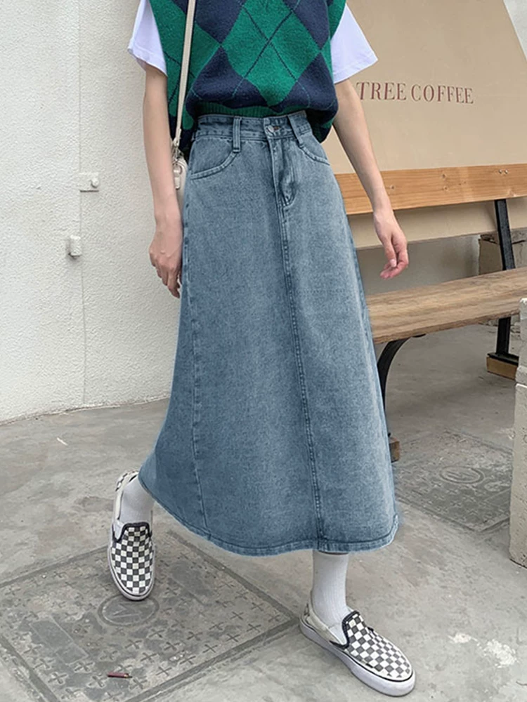 Phong cách mới mùa hè dành cho phụ nữ hơi mũm mĩm, dáng quả lê, che hông, giảm béo, váy denim chữ A dài vừa phải, cạp cao