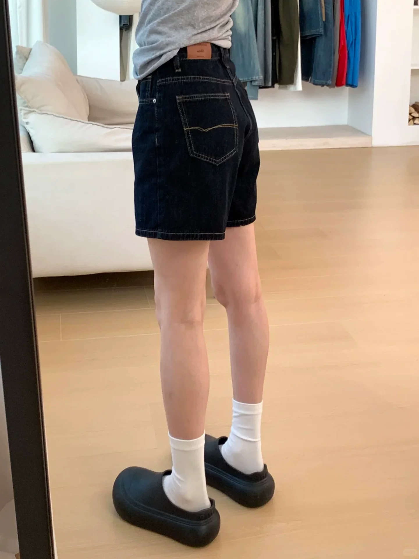 Quần short denim màu xanh đậm hình quả lê dành cho nữ, cỡ lớn mùa hè, cạp cao, che hông, quần ống rộng chữ A giảm béo