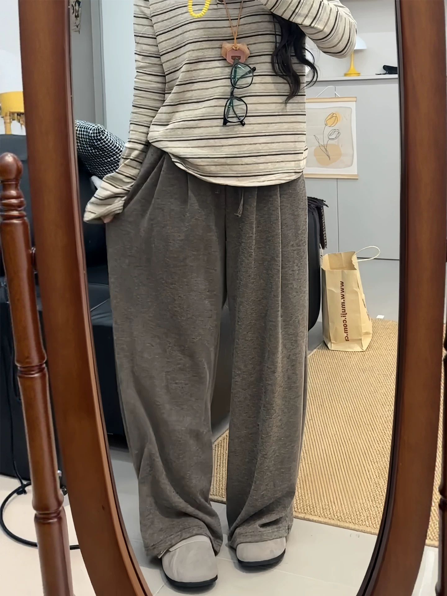 Quần gạo nếp màu cà phê Melard dành cho nữ, cỡ lớn mùa thu, lưng cao, dáng suôn, tôn dáng, phong cách lười biếng, quần dài ống rộng.