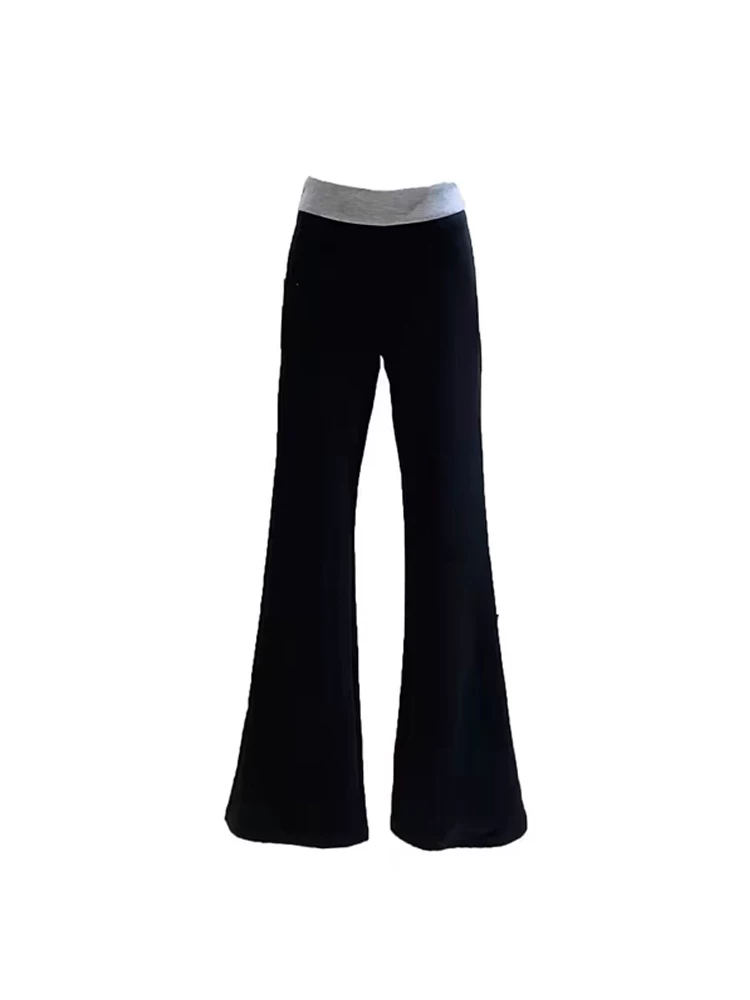 Quần âu phối màu đen dành cho nữ, cỡ lớn mùa hè, cạp cao, co giãn, tôn dáng, quần thể thao ống loe, quần dài chạm sàn.