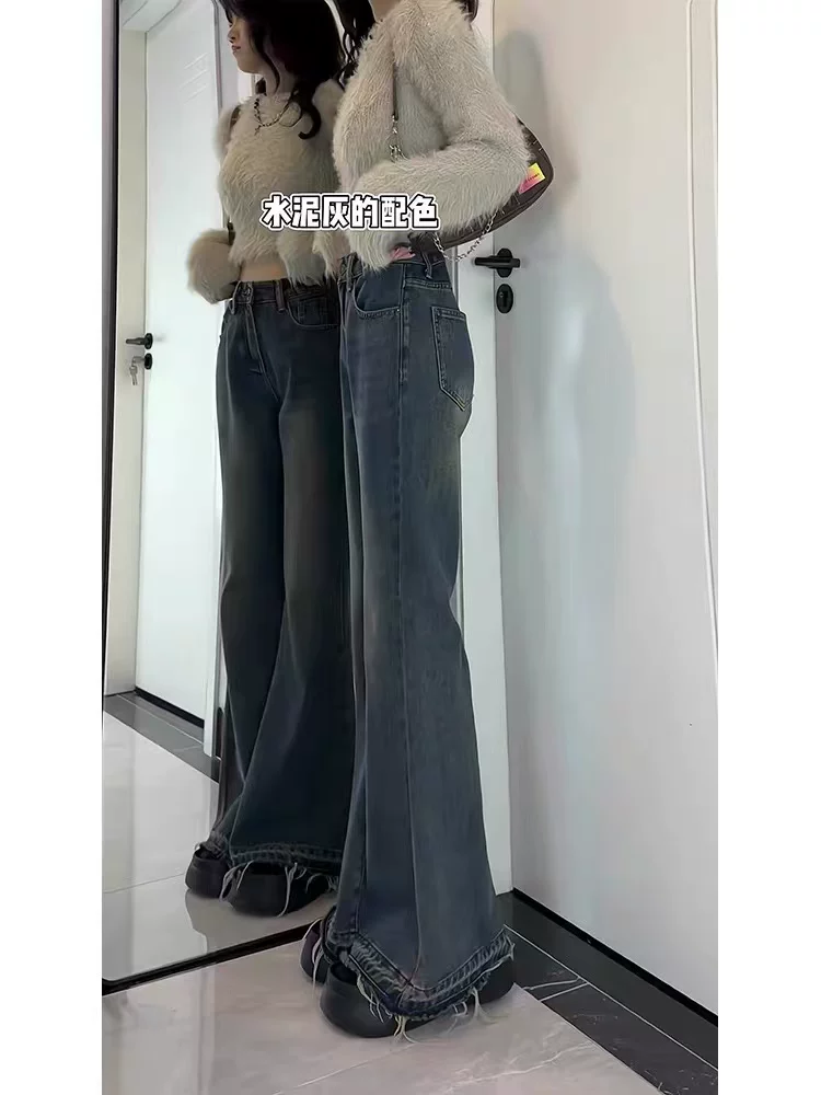 Quần jeans ống loe kiểu Mỹ cổ điển dành cho nữ mùa thu đông 2024, lót lông cừu, size lớn, cạp cao, dáng rộng, tôn dáng, kiểu chuông