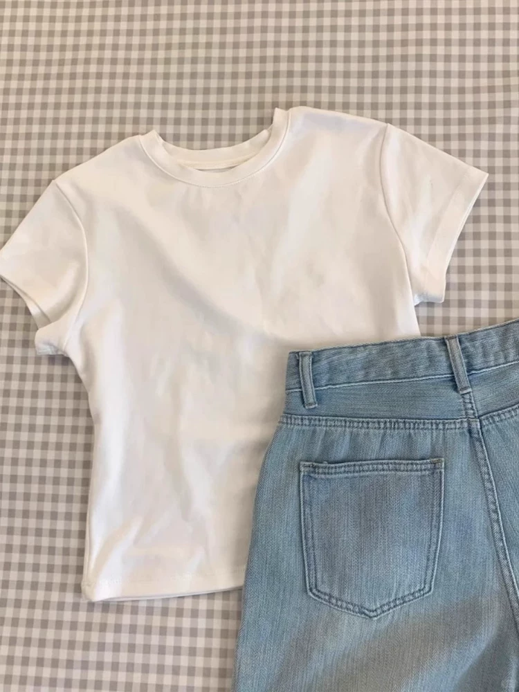 Quần short denim thêu nơ màu xanh nhạt cỡ lớn dành cho nữ mùa hè lưng cao dáng rộng dáng rộng quần ống rộng giảm béo