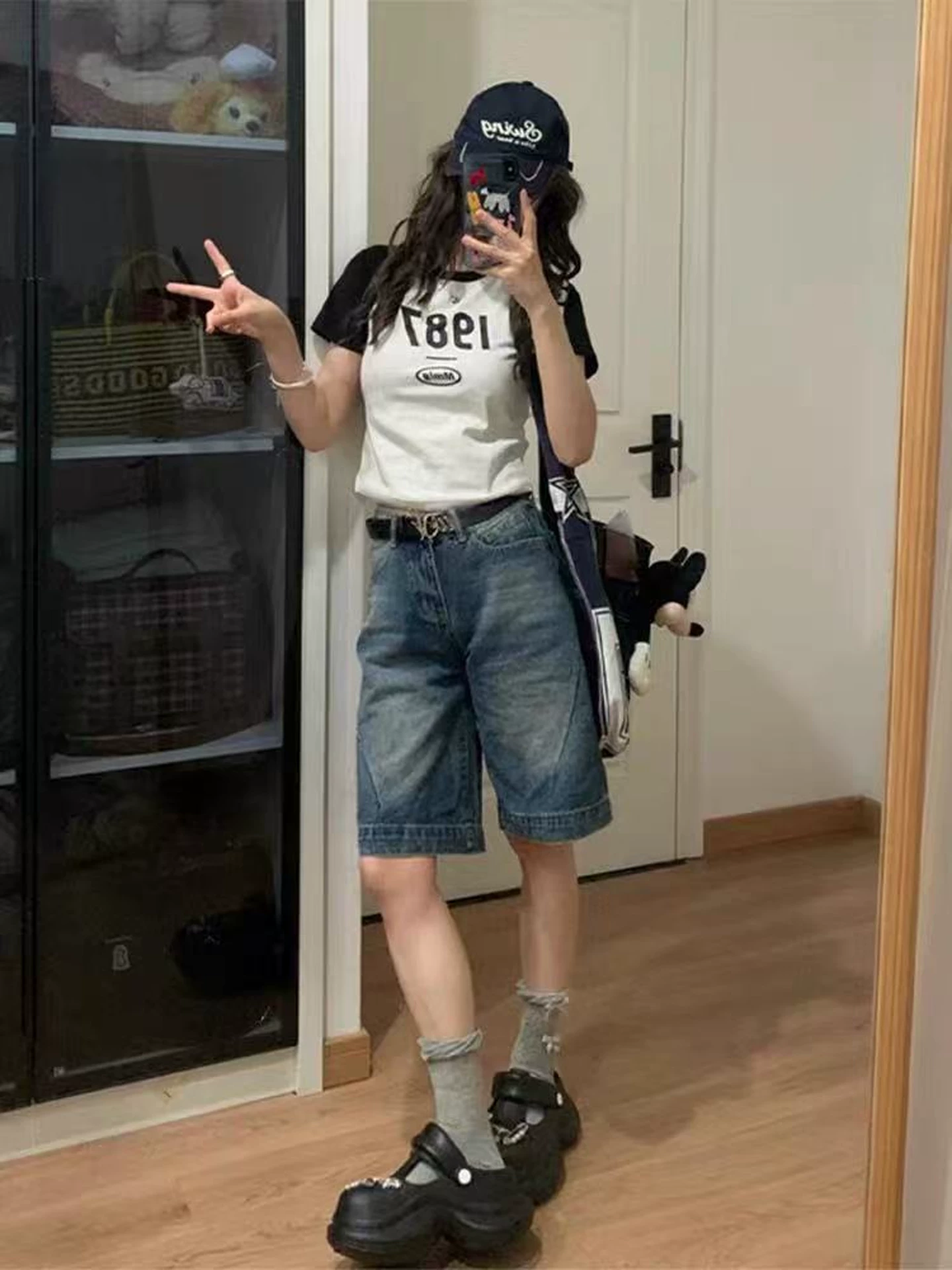 Quần short denim nữ, kiểu dáng mỏng mùa hè, cỡ lớn, lưng cao, dáng rộng, tôn dáng, quần short dài vừa phải ống rộng kiểu cổ điển.