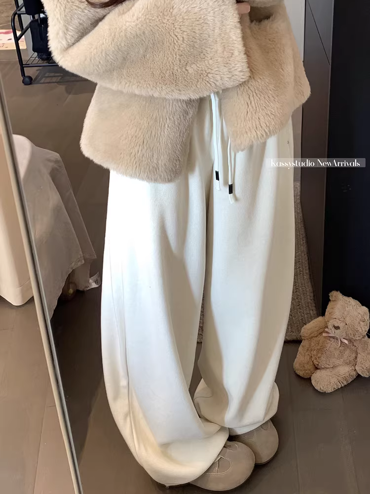 Quần ống rộng màu trắng nhạt dành cho nữ, lót lông cừu mùa đông, cỡ lớn, lưng cao, mềm mại, tôn dáng, dáng quả lê, quần ống rộng