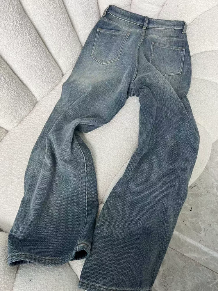 Quần jean ống rộng họa tiết sao cho nữ, mùa thu đông, cỡ lớn, lót lông cừu, dày dặn, cạp cao, che hông, giảm béo, ống thẳng, quần dài đến sàn