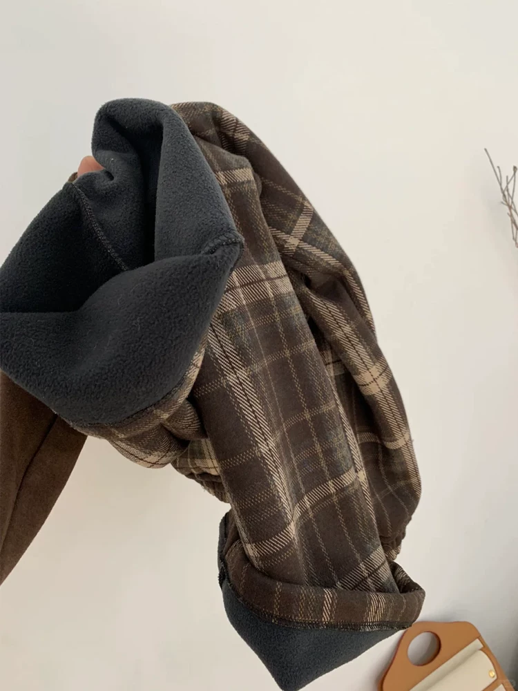 Quần âu kẻ sọc len cổ điển dành cho nữ, mùa thu đông, cỡ lớn, lót lông cừu, cạp cao, dáng suôn, che hông, giảm béo, quần ống rộng.