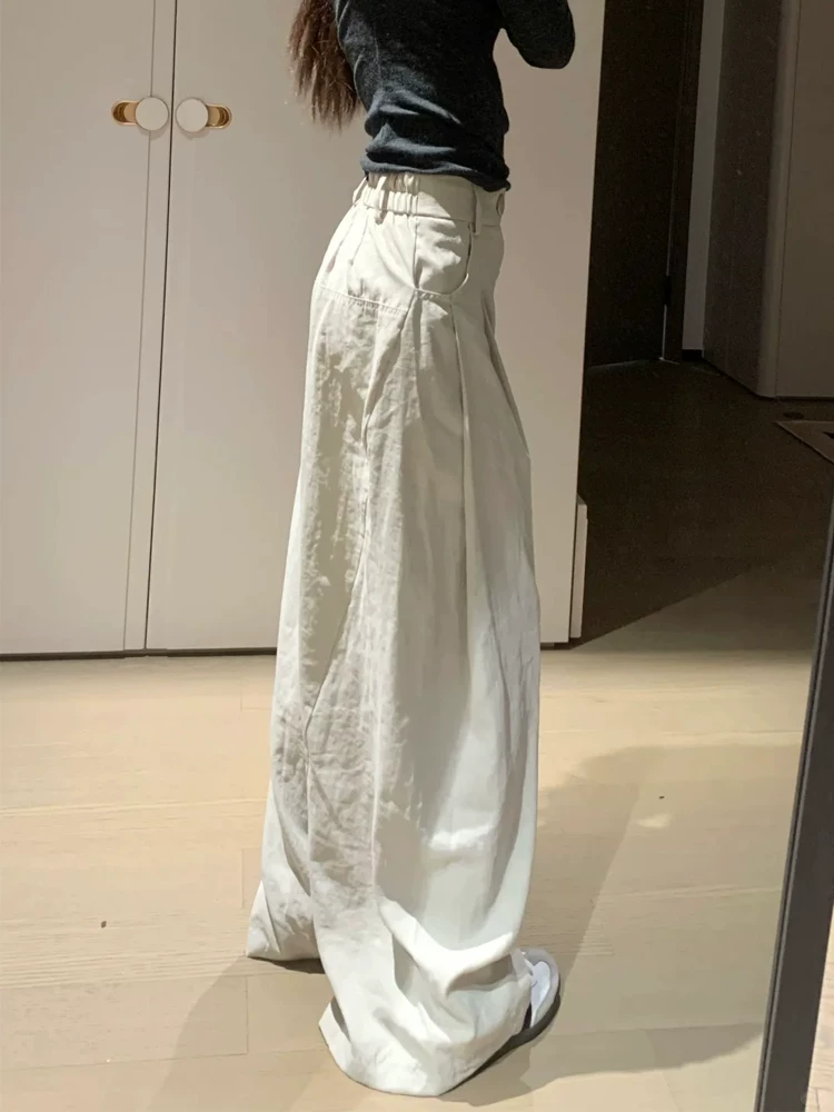 Quần ống rộng màu trắng dành cho nữ, cỡ lớn mùa hè, lưng cao, dáng rộng, thon gọn, dáng quả lê, ống thẳng, quần dài chạm sàn