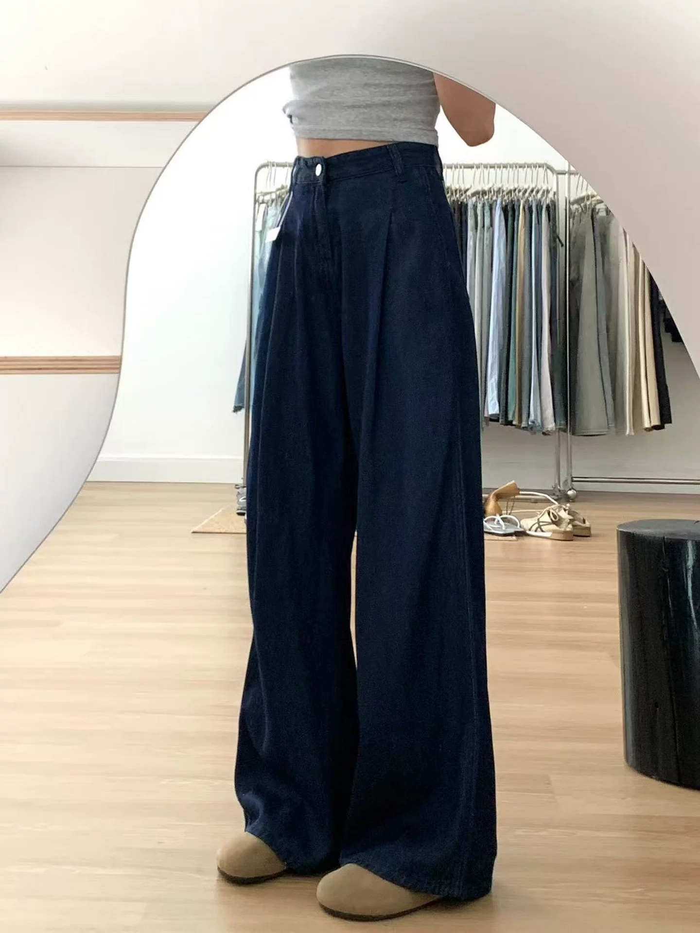 Quần jean ống đứng màu xanh đậm cổ điển dành cho nữ, kiểu dáng mỏng mùa hè, cỡ lớn, lưng cao, dáng suôn, che hông, quần ống rộng giúp thon gọn