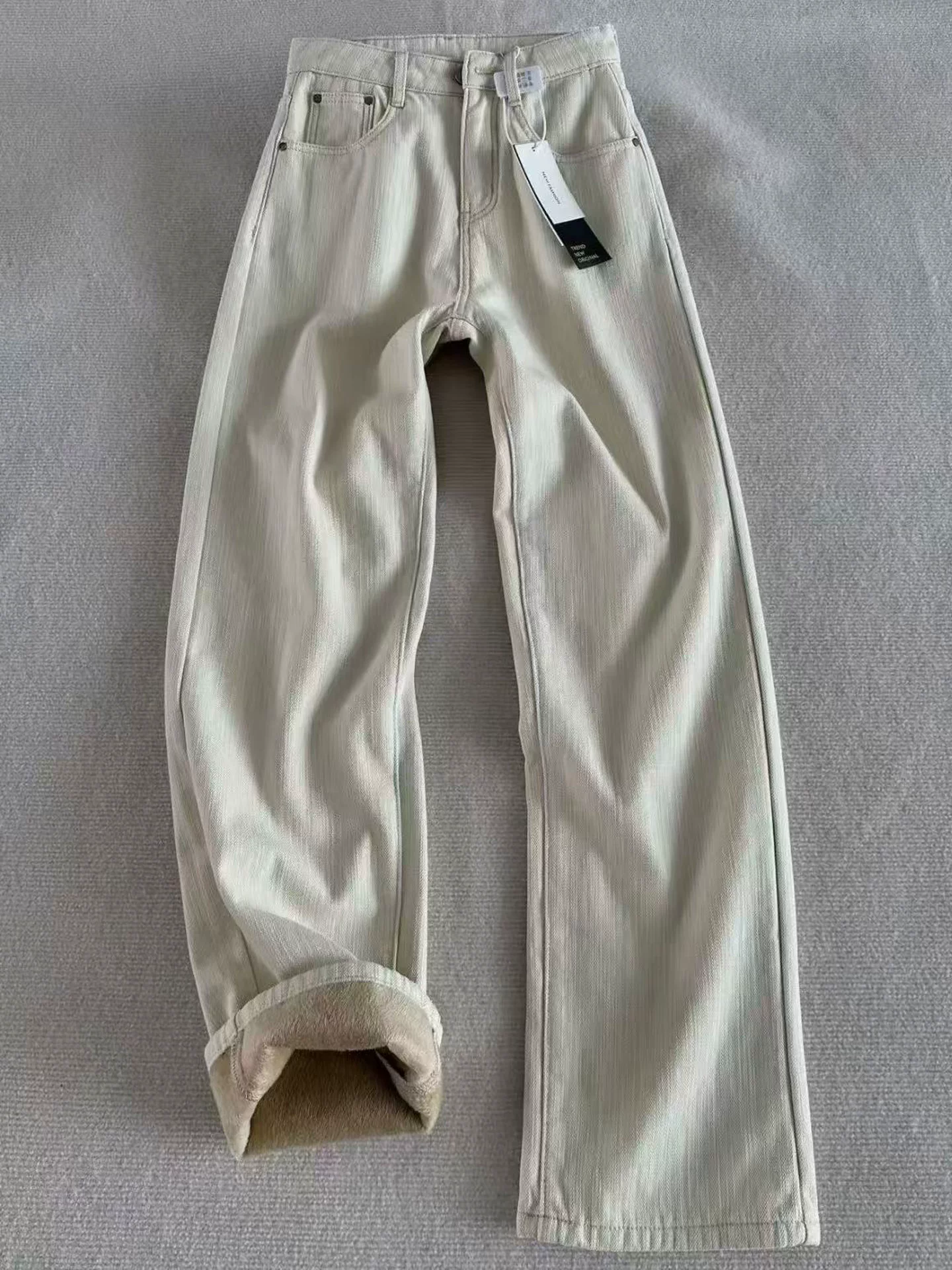 Quần jean ống đứng dày lót lông màu trắng nhạt dành cho nữ, mùa thu đông, cỡ lớn, lưng cao, dáng rộng, dáng quả lê, quần ống rộng