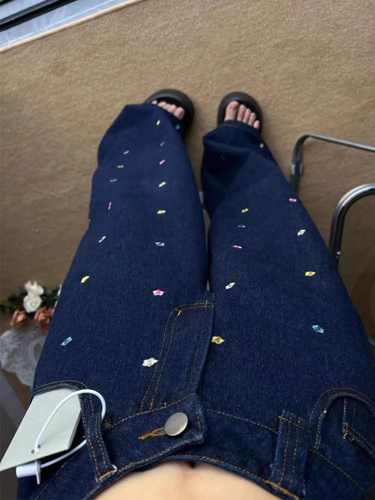 Quần jean ống đứng thêu hoa cổ điển kiểu Mỹ dành cho nữ, cỡ lớn mùa thu, cạp cao, dáng rộng, quần ống rộng giúp giảm béo