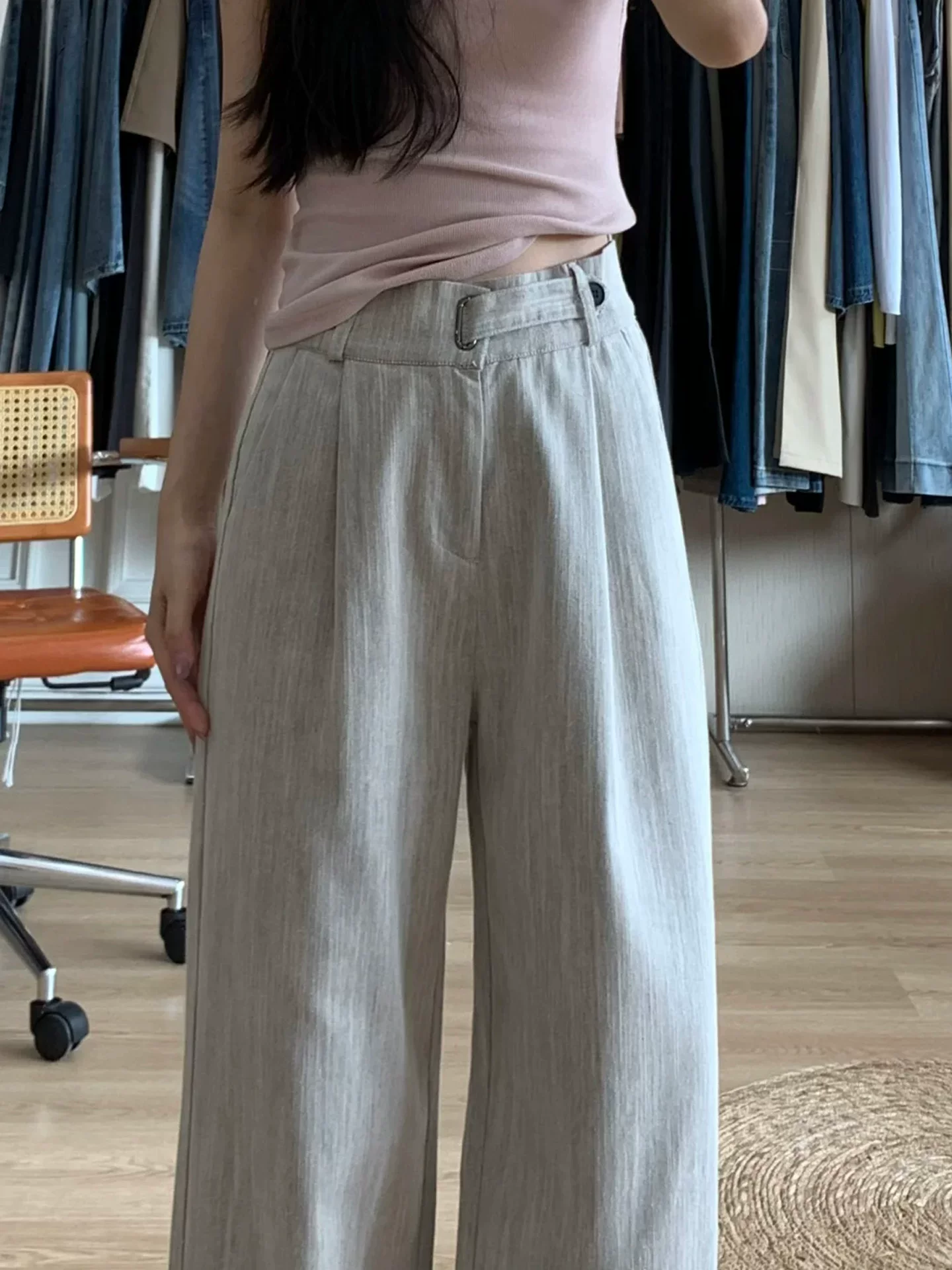 Quần âu màu xám ống rộng dành cho nữ, kiểu dáng mỏng mùa hè, cỡ lớn, cạp cao, mềm mại, tôn dáng, quần ống đứng thẳng, kiểu dáng thường ngày.