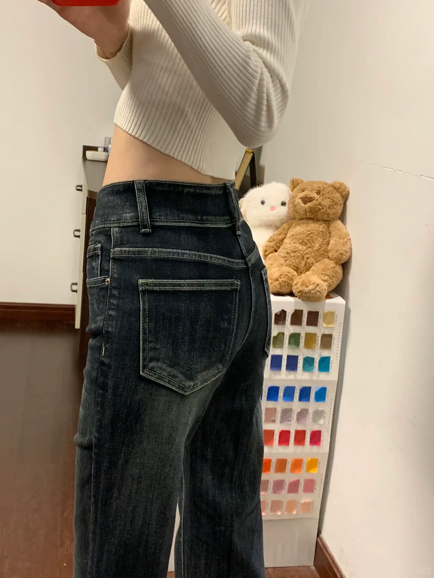 Quần jean ống loe dày lót lông màu xanh xám dành cho nữ, mùa thu đông, cỡ lớn, lưng cao, giảm béo, dáng quả lê, quần ống chuông