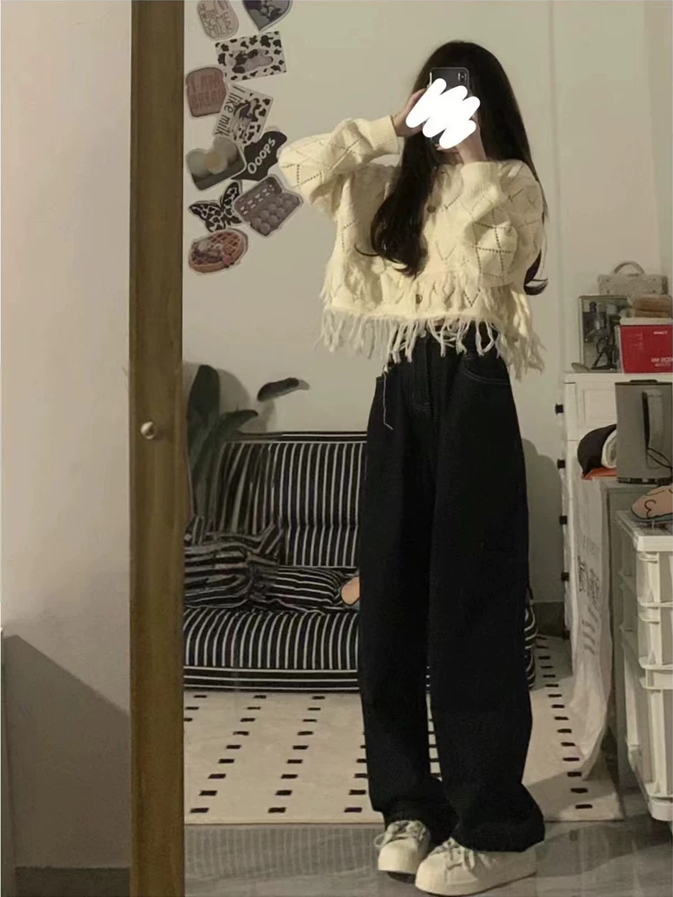 Quần jeans kaki ống đứng nữ, thu đông 2024, size lớn, cạp cao, dáng rộng, tôn dáng, dành cho người có dáng quả lê, quần ống rộng