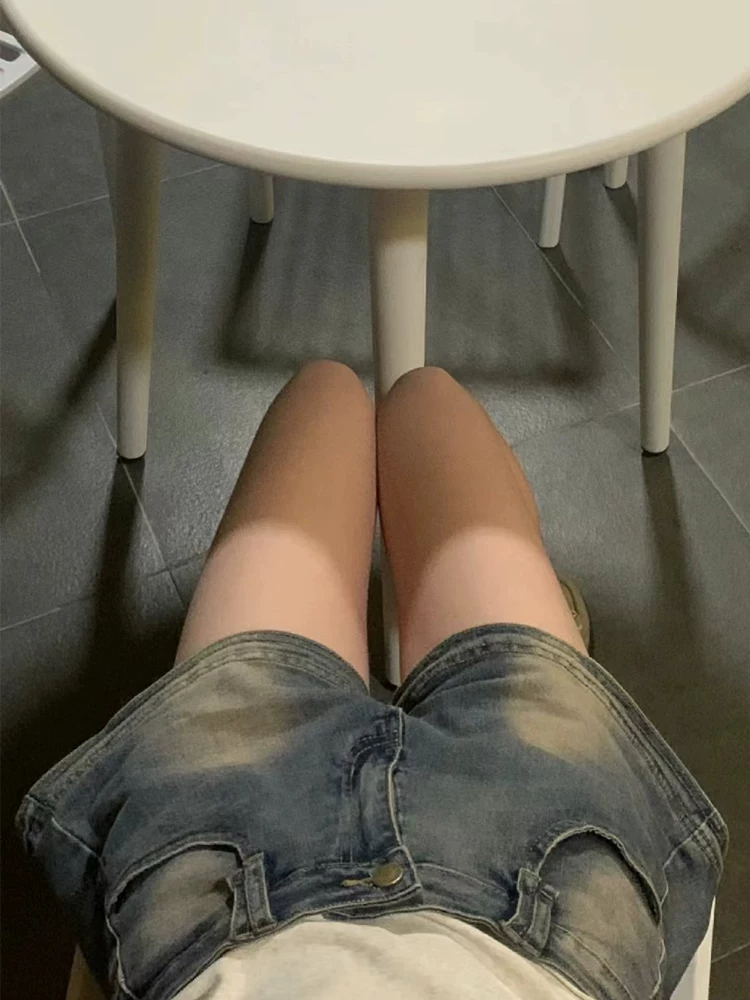 Quần short denim cổ điển kiểu Mỹ dành cho nữ, kiểu dáng mỏng mùa hè, thích hợp cho người hơi mũm mĩm, cỡ lớn, cạp cao, che hông, quần chữ A giảm béo.