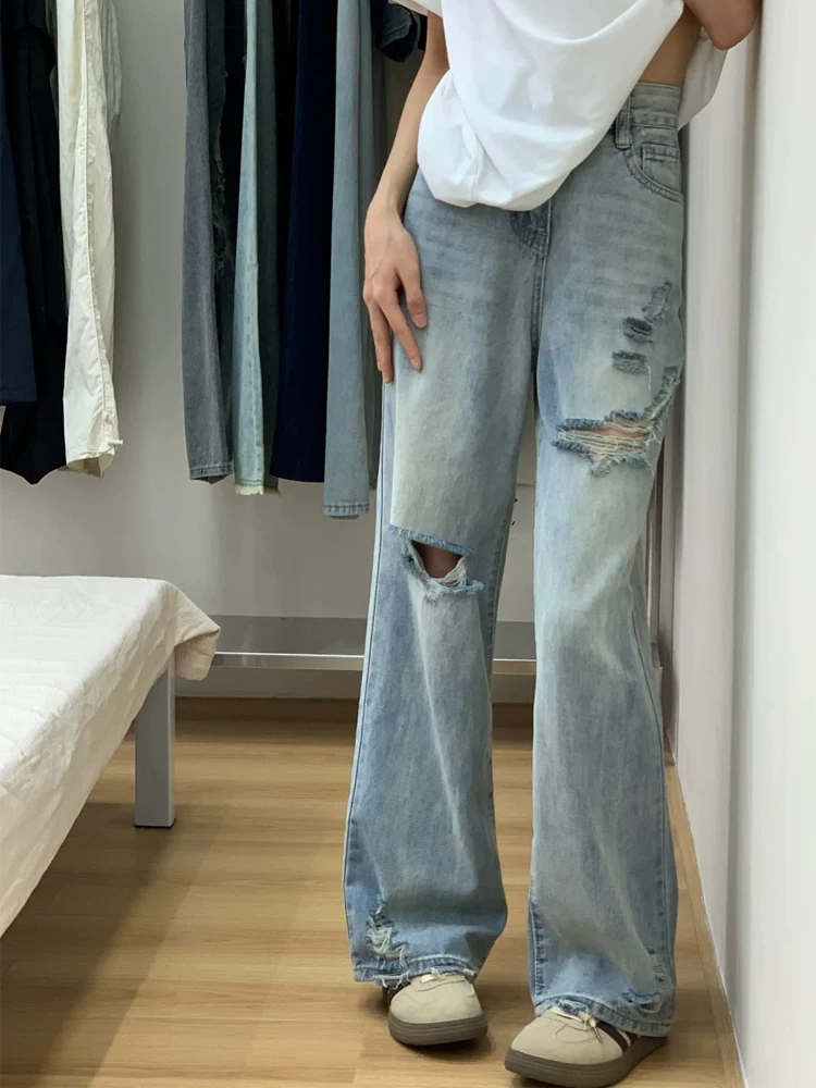 Quần jean xanh vintage rách gối dáng thẳng dành cho nữ, kiểu dáng mùa hè mới, size lớn, dáng quả lê, cạp cao, quần ống rộng tôn dáng