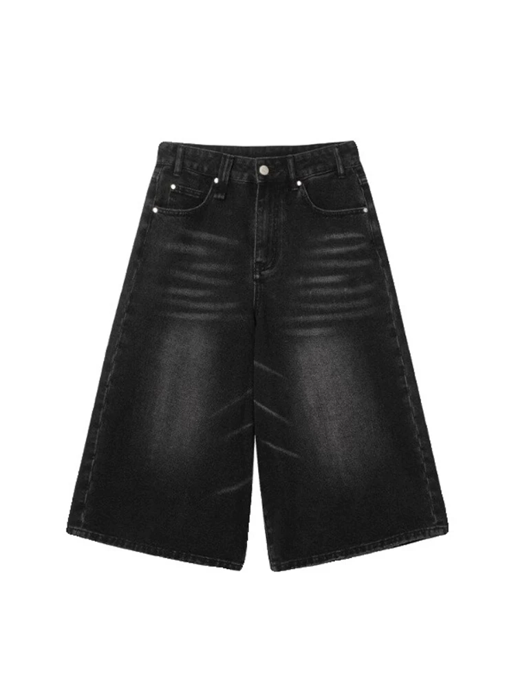 Quần short denim nữ màu đen và xám, mùa hè 2025, size lớn, cạp cao, dáng rộng, tôn dáng, ống thẳng, ống rộng, dài ngang đùi.