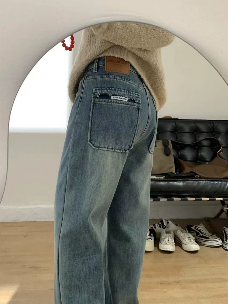 Quần jeans ống đứng nữ mùa đông 2024 kiểu mới lót lông dày dặn, size lớn, cạp cao, dáng rộng, che hông, tôn dáng, quần ống rộng