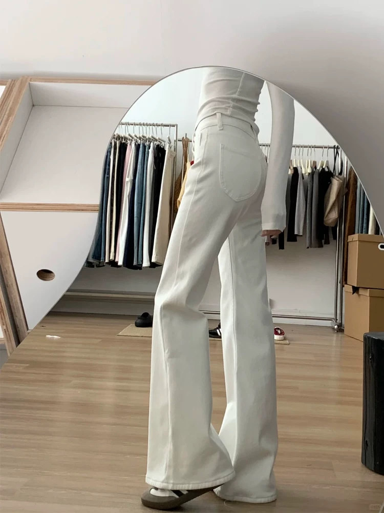 Quần jeans trắng dáng loe nữ, kiểu mới thu 2025, size lớn, cạp cao, co giãn, che hông, tôn dáng, quần ống chuông