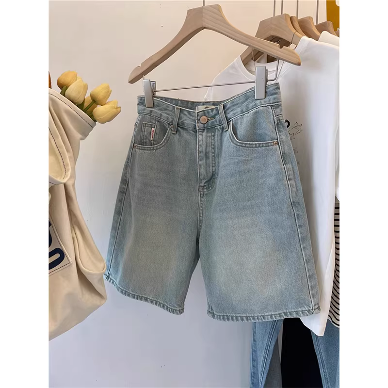 Quần short denim ống thẳng màu sáng dành cho nữ, mùa hè, cỡ lớn, lưng cao, dáng rộng, tôn dáng, đa năng, quần short ống rộng dài đến đầu gối kiểu chữ A.