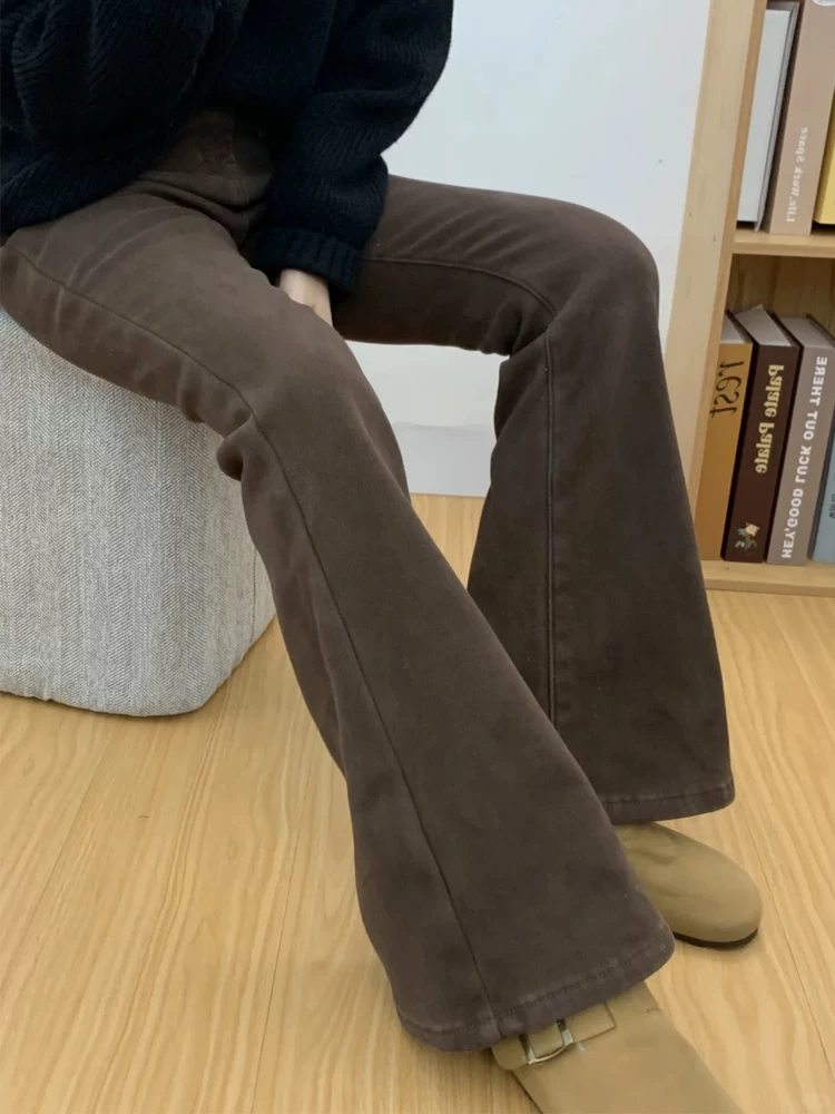 Quần jean ống loe thẳng dày dặn lót lông cừu màu nâu dành cho nữ, cỡ lớn mùa đông, cạp cao, co giãn, che hông, quần ống loe thon gọn