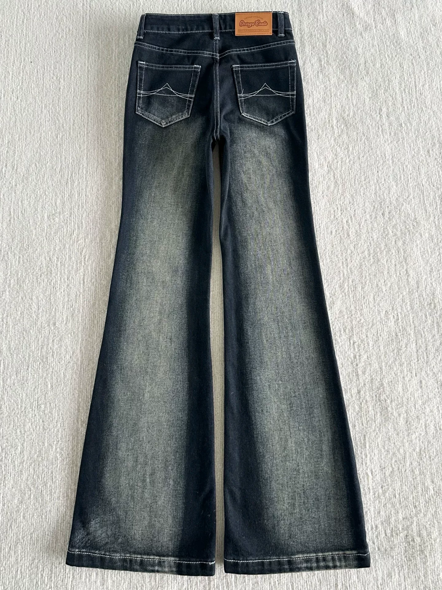 Quần jean ống loe màu xanh xám cổ điển của Mỹ dành cho nữ, mùa thu đông, cỡ lớn, cạp cao, co giãn, che hông, quần ống loe lót lông cừu