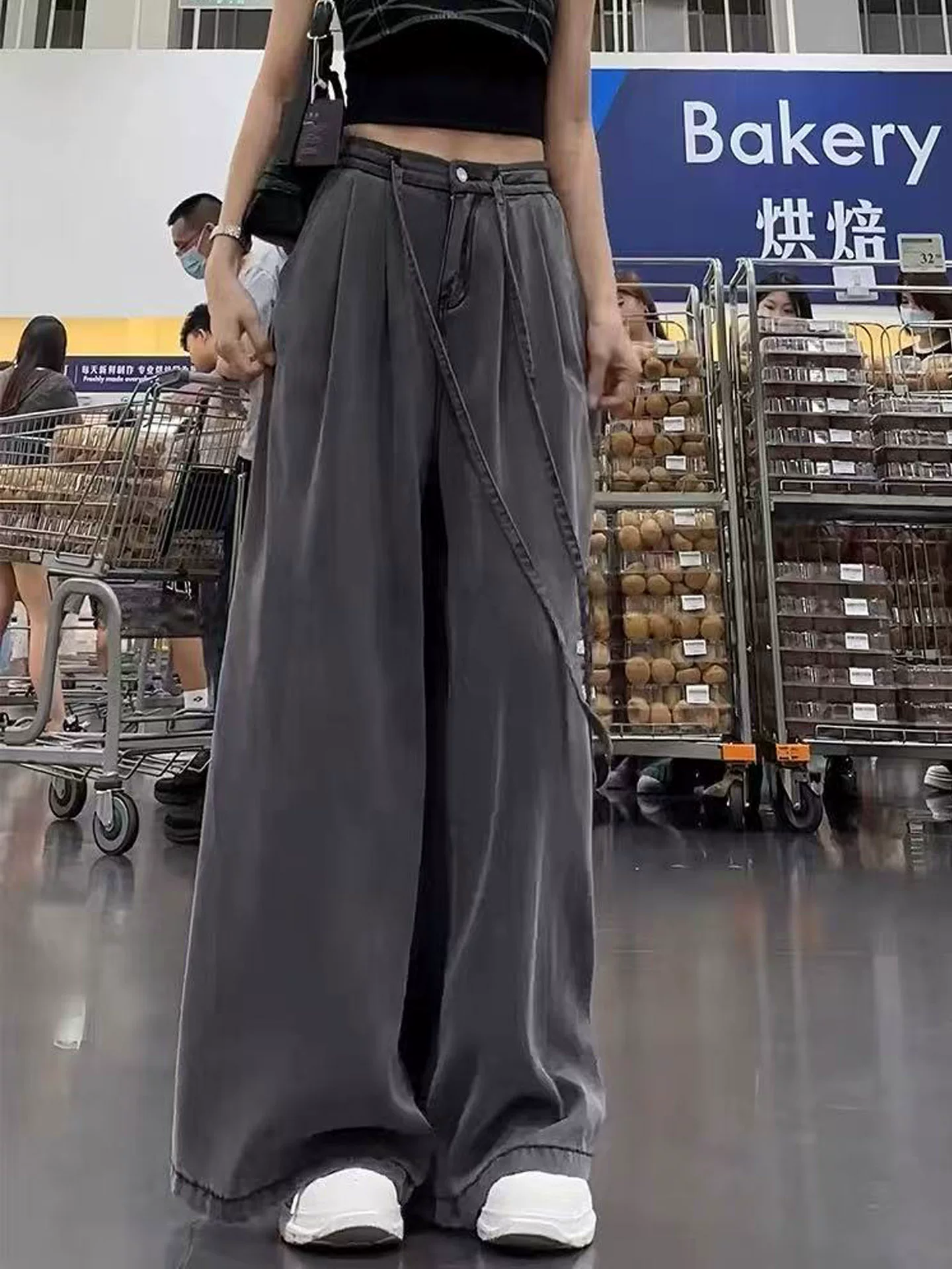 Quần jean ống rộng Tencel màu đen và xám dành cho nữ, kiểu dáng mỏng mùa hè, cỡ lớn, lưng cao, rộng rãi, mềm mại, tôn dáng, quần dài chạm sàn.