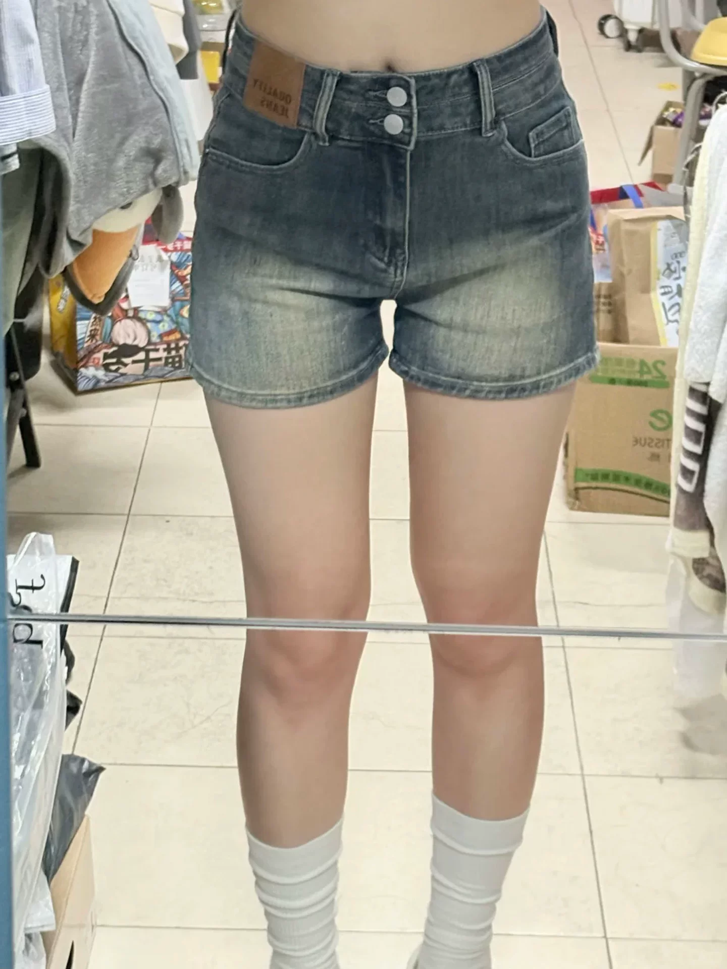 Quần short denim cổ điển dành cho nữ, cỡ lớn mùa hè, cạp cao, co giãn, che hông, giảm béo, dáng quả lê, quần short ống rộng chữ A