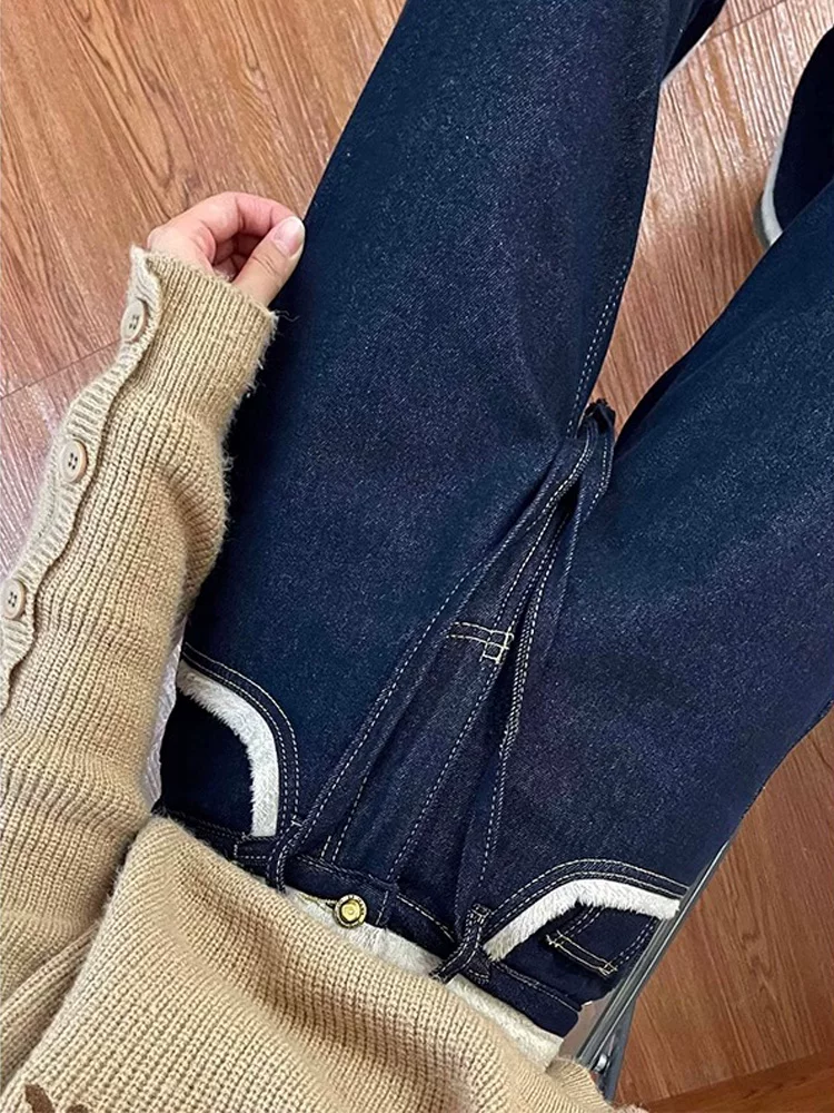 Quần jean ống đứng dày lót lông cừu dành cho nữ, cỡ lớn mùa đông, lưng cao, giảm béo, dáng rộng, dáng quả lê, quần ống rộng