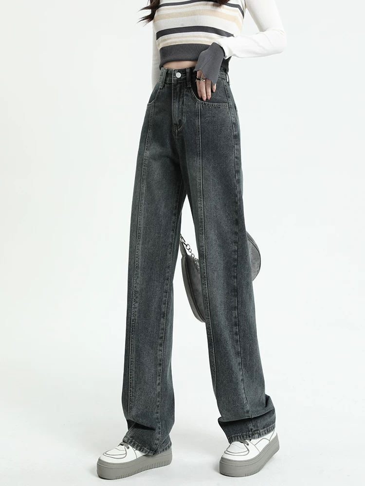 Quần jeans dáng chuông retro ống thẳng cho nữ, size lớn, cạp cao, dáng rộng, dài chấm đất, thích hợp cho đầu thu