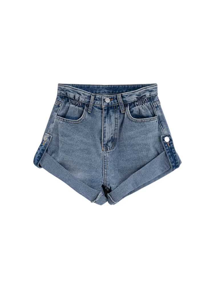 Quần short denim viền lượn sóng dành cho nữ, cỡ lớn mùa hè, lưng cao, dáng rộng, che hông, giảm béo, quần ống rộng dáng chữ A phong cách Hàn Quốc.