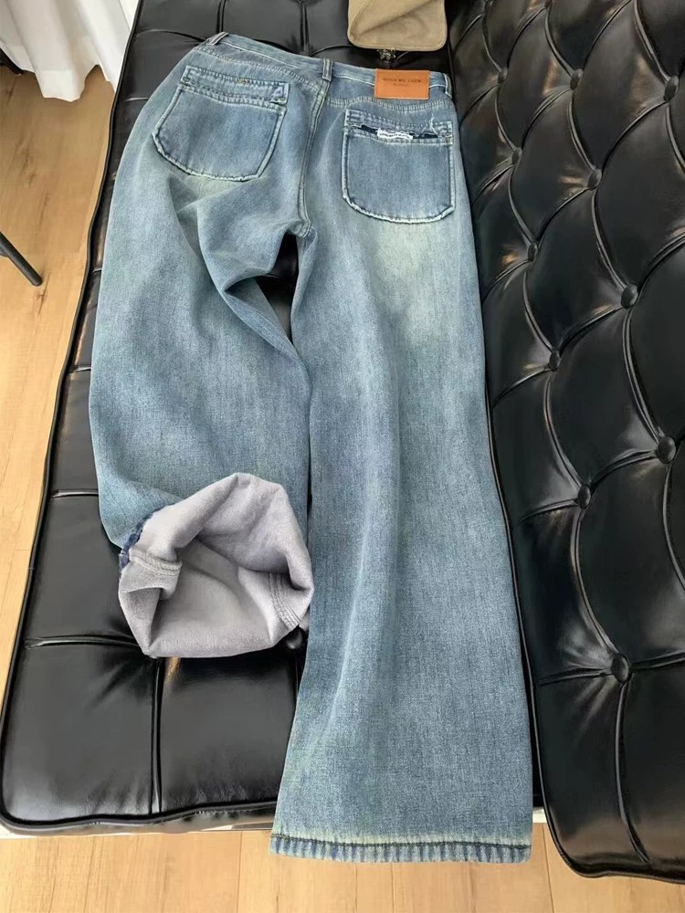 Quần jean ống thẳng dày lót lông màu xanh cổ điển dành cho nữ, phong cách thu đông, cỡ lớn, cạp cao, che hông, quần ống rộng giúp thon gọn.
